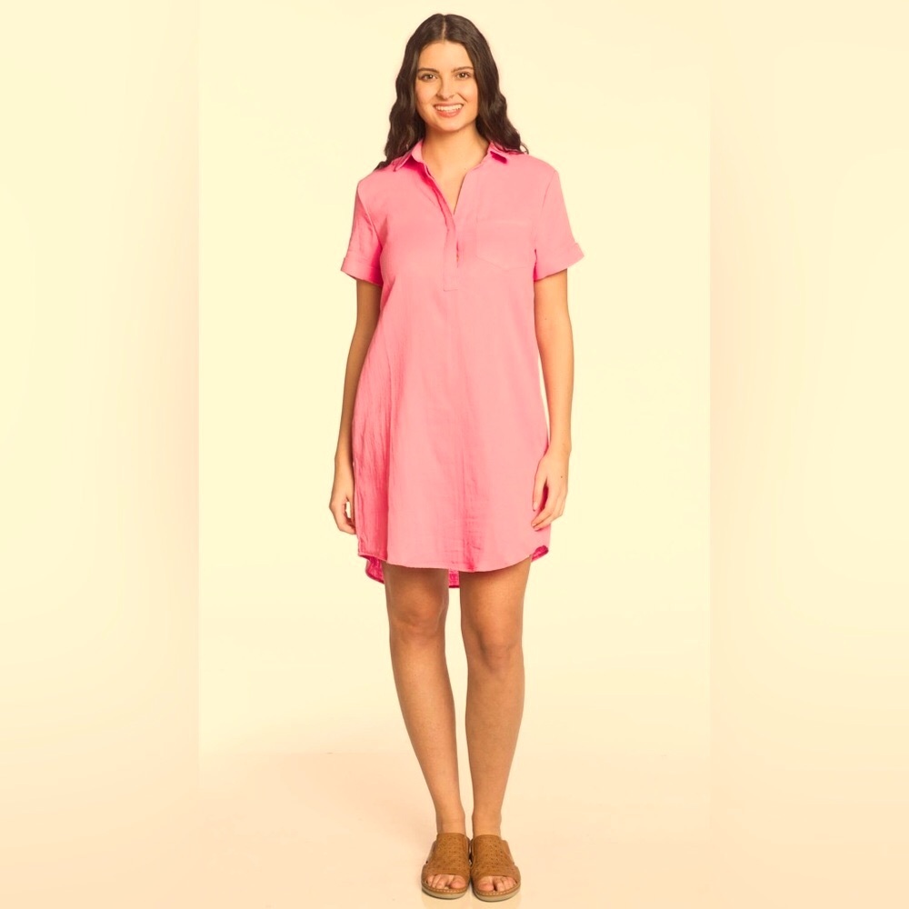 DKR Apparel Short Sleeve Johnny Collar Dress with Chest Pocket-Rose